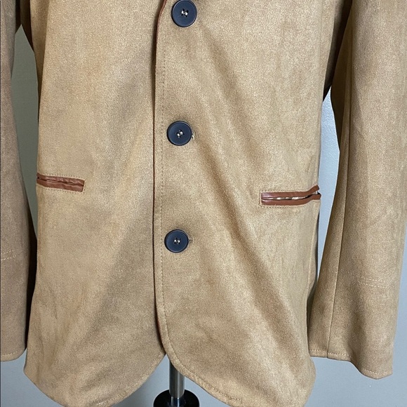 Manly Men’s Tan Khaki Suede Blazer Jacket w Leather Accents Zipper Inner Layer M - Picture 3 of 9